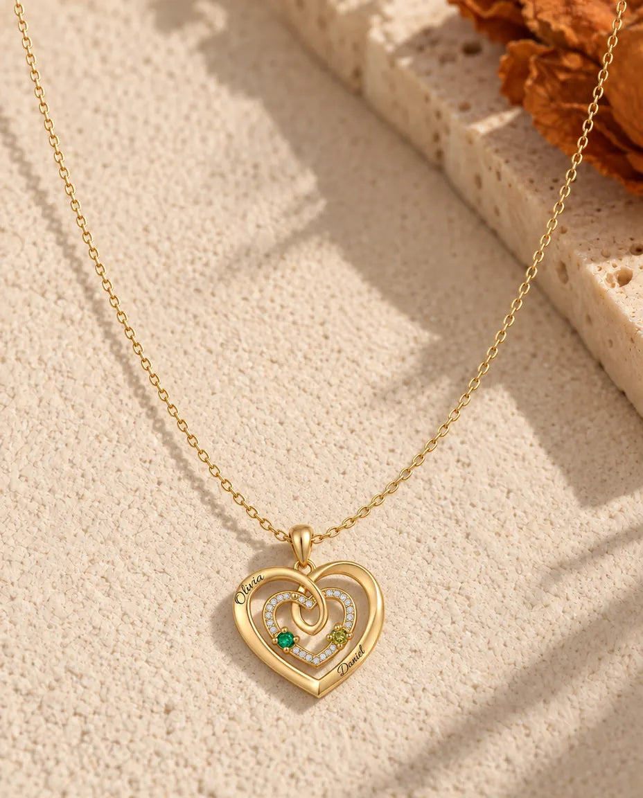 Personalised Birthstone Necklace With 2 Names - Gold Triple Heart Pendant With Two Simulated Birthstones