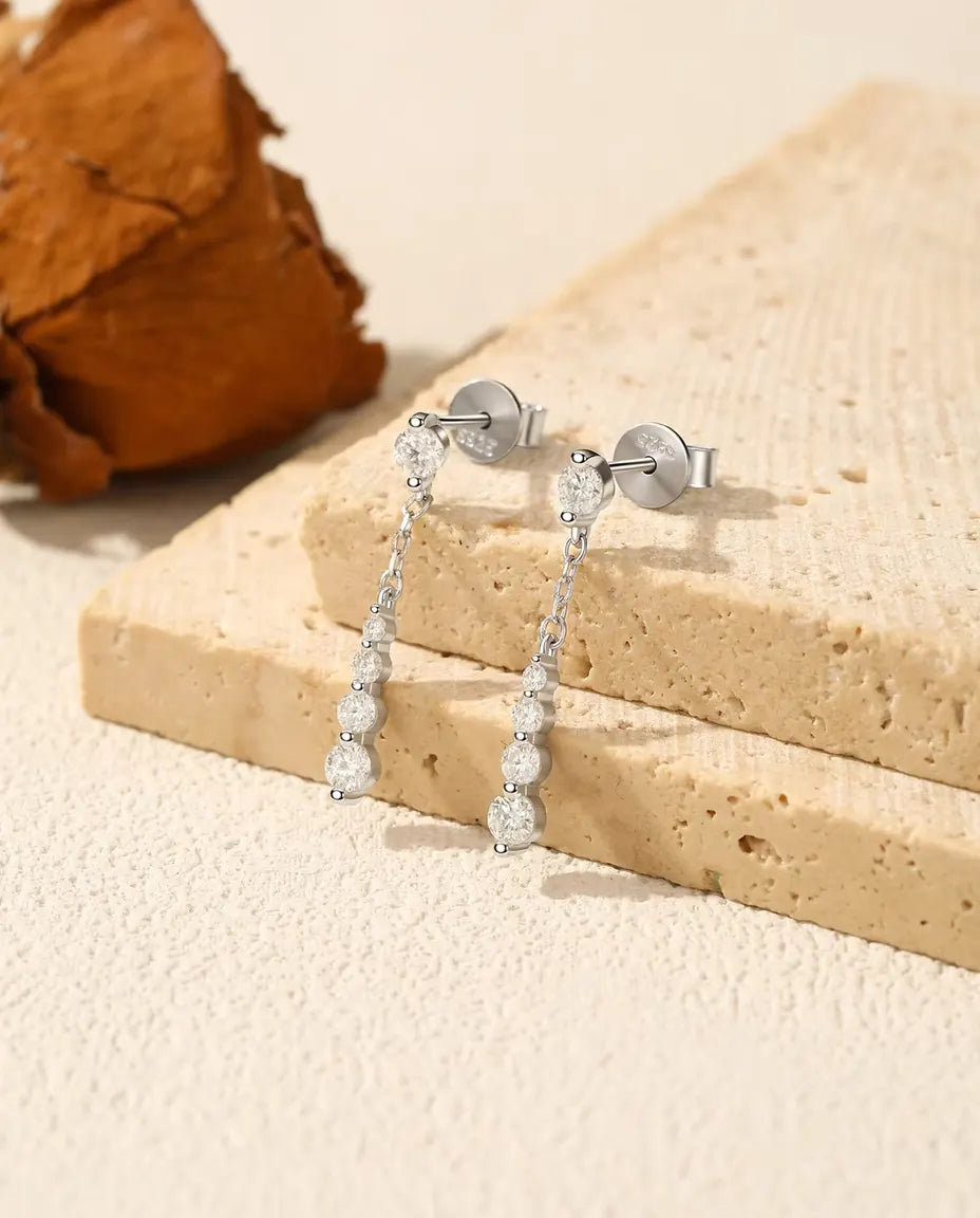 Graduated Moissanite Chain Drop Earrings - Ten D Colour Stones on a Fine Chain in 925 Sterling Silver, 24 mm