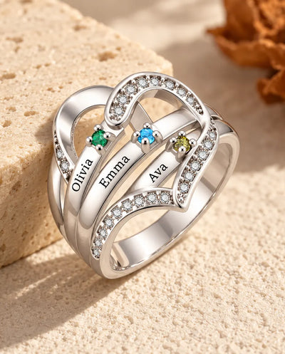 Personalised Heart Birthstone Ring With 3-4 Names and Inside Engraving - Family Ring With Engraved Names and Simulated Birthstones, Silver