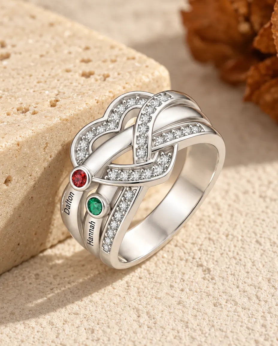 Personalised Heart Knot Birthstone Ring With 2-6 Names - Family Ring With Engraved Names and Simulated Birthstones, Silver