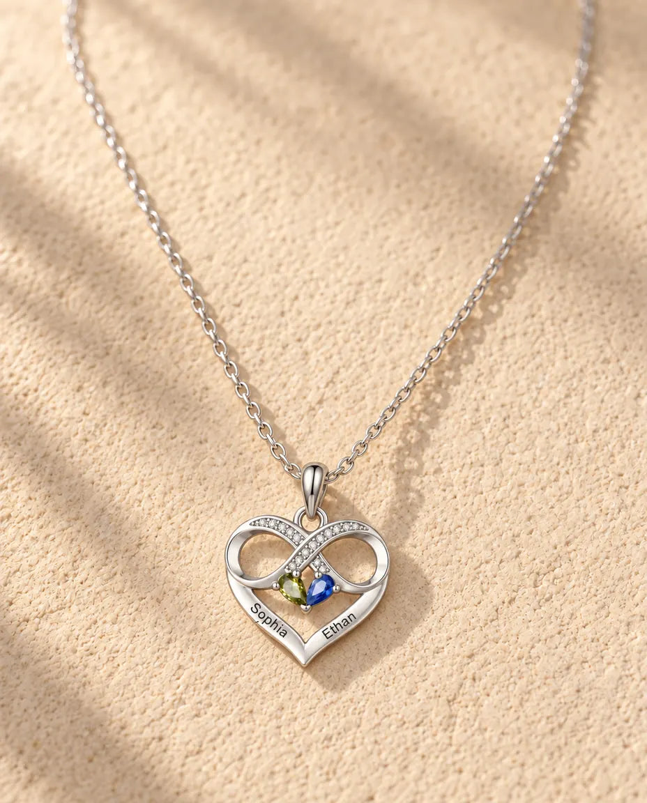 Personalised Birthstone Necklace With 2 Names - Infinity Heart Pendant With Two Pear Simulated Birthstones, Silver