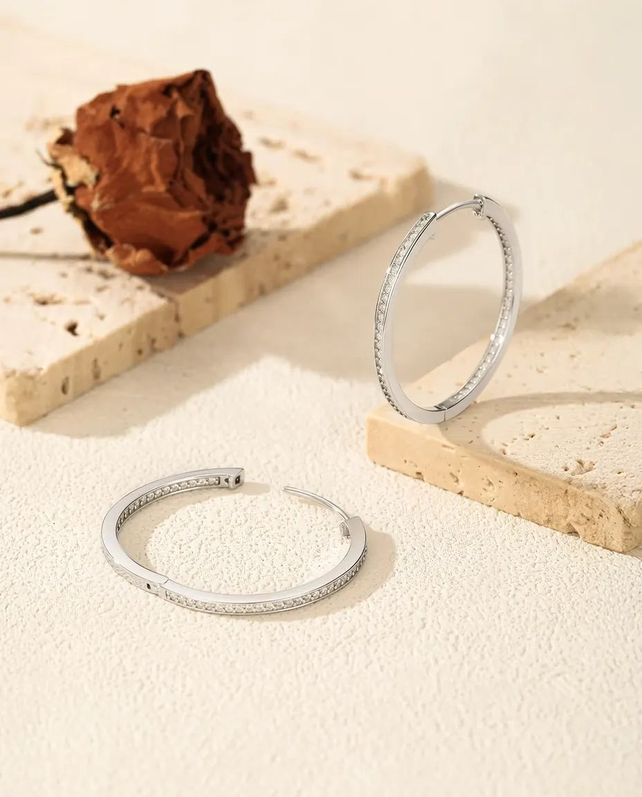 Inside Out Moissanite Hoop Earrings - 32 mm Large Hinged Pave Hoops, 0.88 ct Total D Colour, 925 Sterling Silver