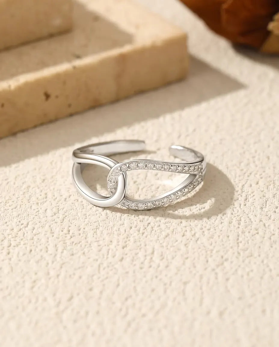 Interlocking Loop Ring for Women - Pave and Polished Links on an Open Band, 925 Sterling Silver, Adjustable 6 to 9