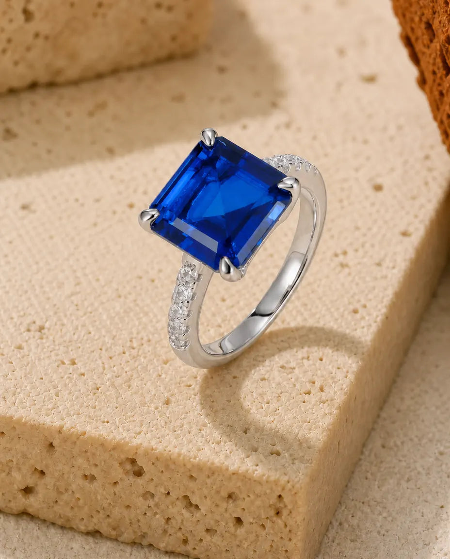 Lab sapphire square solitaire ring in 925 sterling silver