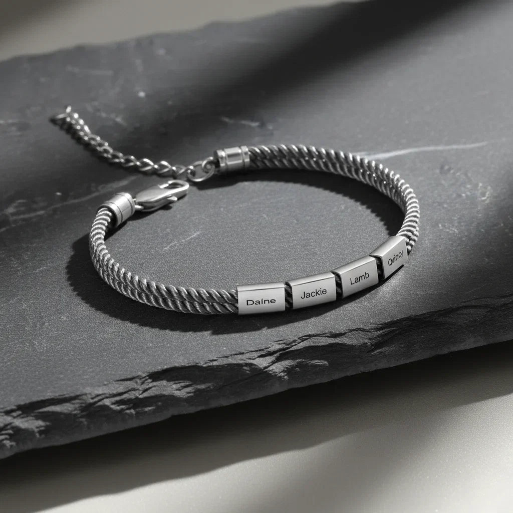 Men's Engraved Stainless Steel Rope Bracelet with Personalised Names
