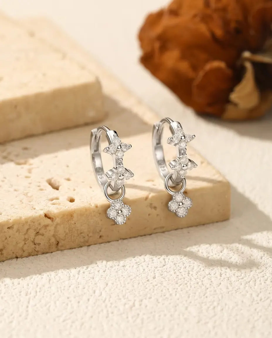 Moissanite Clover Huggie Earrings - 24 D Colour Stones with Flower Drop Charm, 925 Sterling Silver, 18 mm