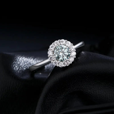 Moissanite Halo Ring, 0.50ct Green Teal D Colour VVS1, 925 Sterling Silver Wedding Ring for Women, Gift for Her