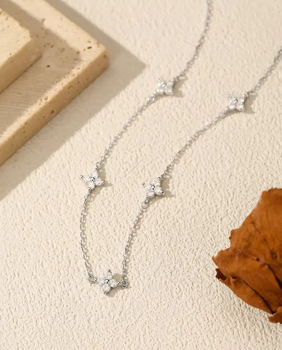 Moissanite Station Necklace - Five Clover Clusters of 20 Stones in 925 Sterling Silver, 15.7 in Chain Plus Extender