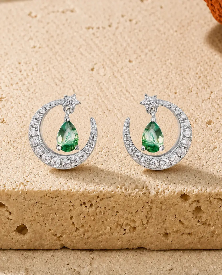 Moss Agate Stud Earrings - Crescent Moon Hoop with Star and Moss Agate Drop, 925 Sterling Silver, Gift for Her