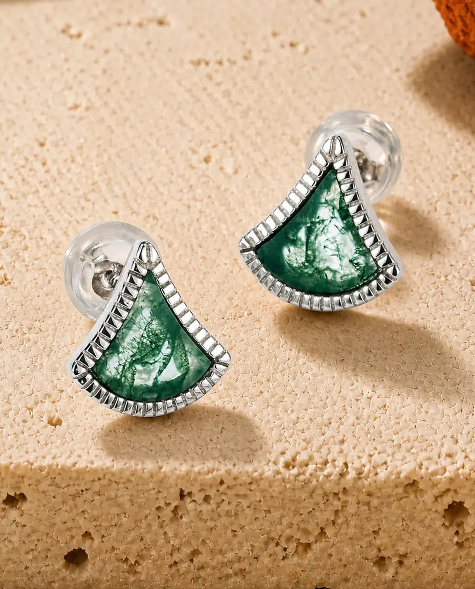 Moss Agate Stud Earrings - Fan-Shaped Green Moss Agate in a Ribbed Silver Bezel, 925 Sterling Silver, Gift for Her