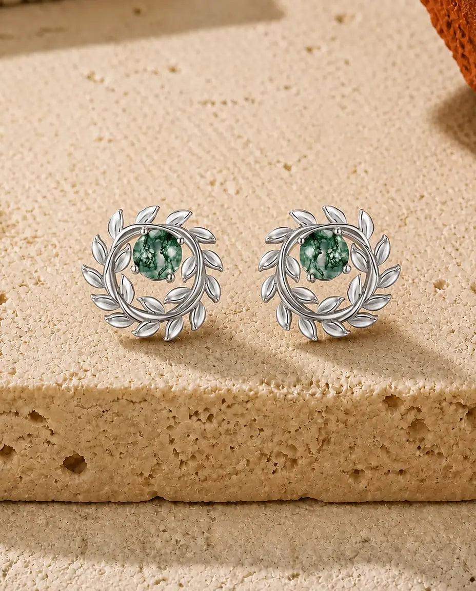 Moss Agate Stud Earrings - Round Green Moss Agate in a Silver Laurel Leaf Wreath, 925 Sterling Silver, Gift for Her