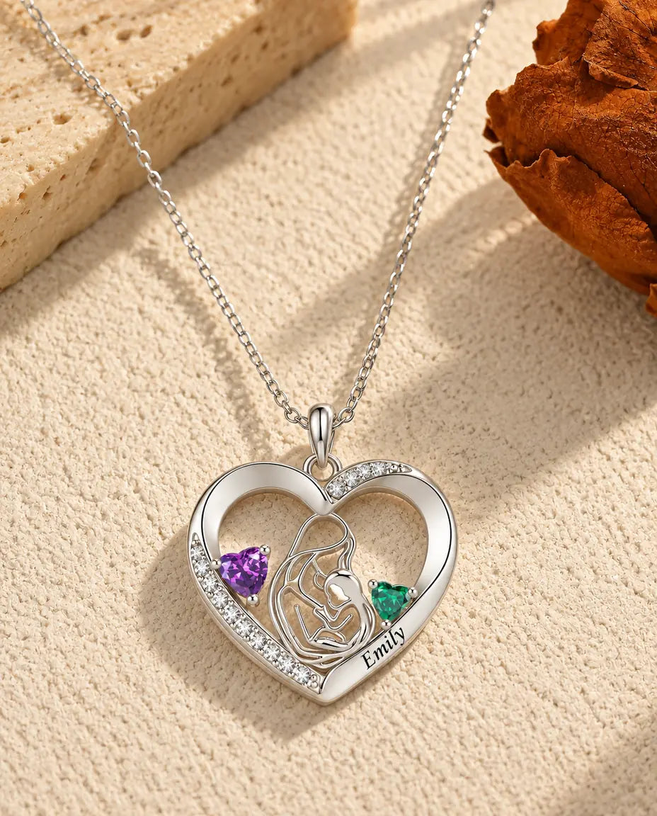 Personalised Mother And Child Necklace With Name - Heart Pendant With Two Simulated Birthstones, Silver