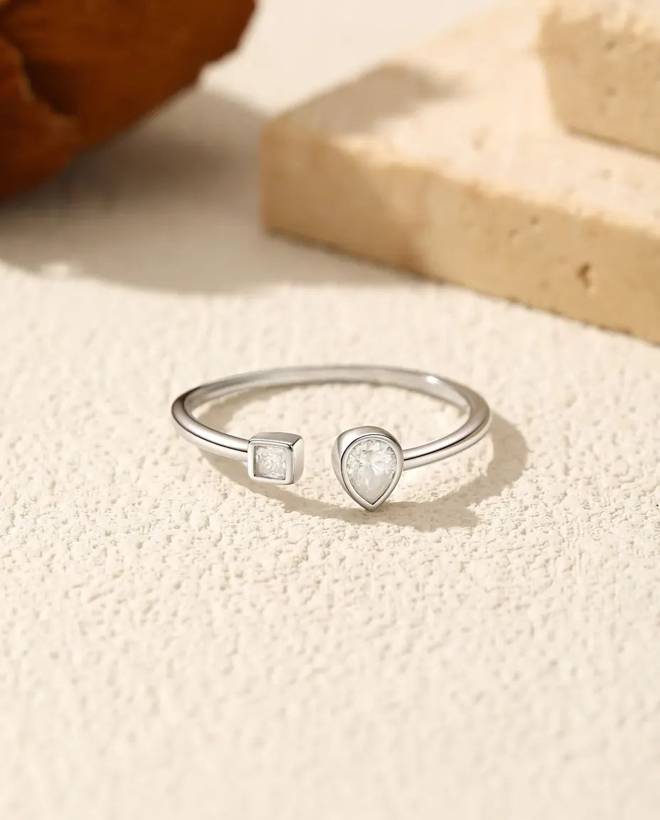 Open Cuff Moissanite Ring - 0.3 ct Pear and 0.08 ct Square D Colour Stones, 925 Sterling Silver, Adjustable