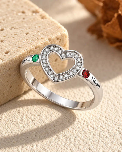 Personalised Open Heart Birthstone Ring With 2, 4 or 6 Names - Stackable Family Ring With Engraved Names and Simulated Birthstones, Silver