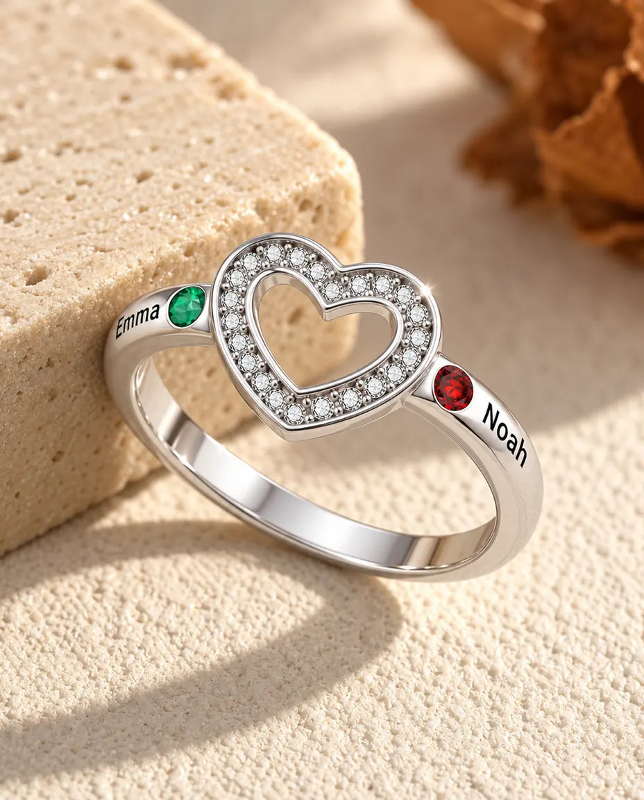 Personalised Open Heart Birthstone Ring With 2, 4 or 6 Names - Stackable Family Ring With Engraved Names and Simulated Birthstones, Silver