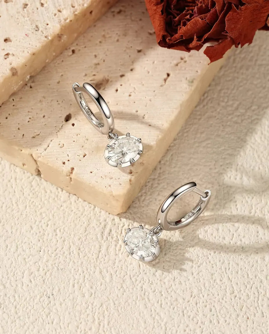 Oval Moissanite Drop Huggie Earrings - 1.00 ct each 5 x 7 mm Oval Stones, 21 mm Drop, 925 Sterling Silver