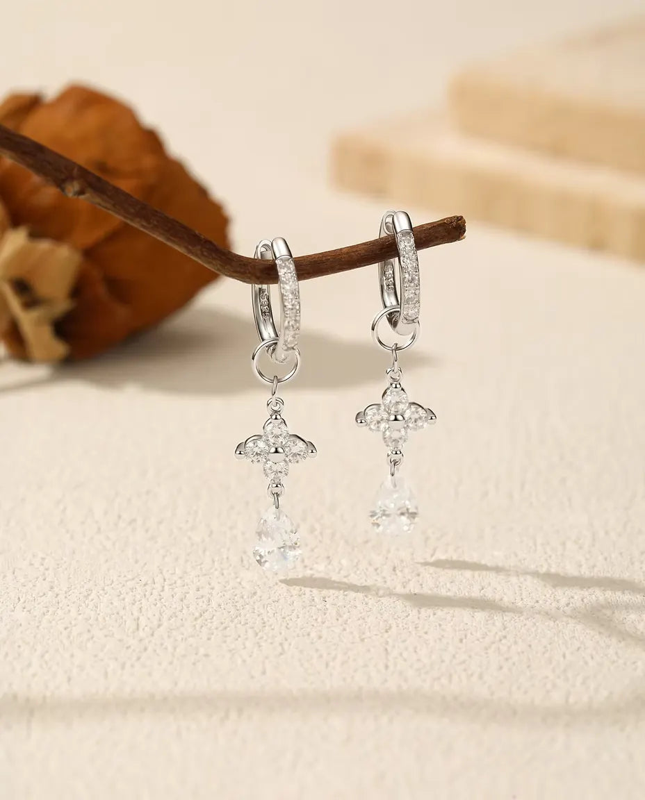 Pear Moissanite Drop Earrings - 0.8 ct Teardrops on Clover Links, 925 Sterling Silver Huggie Hoops, 34 mm