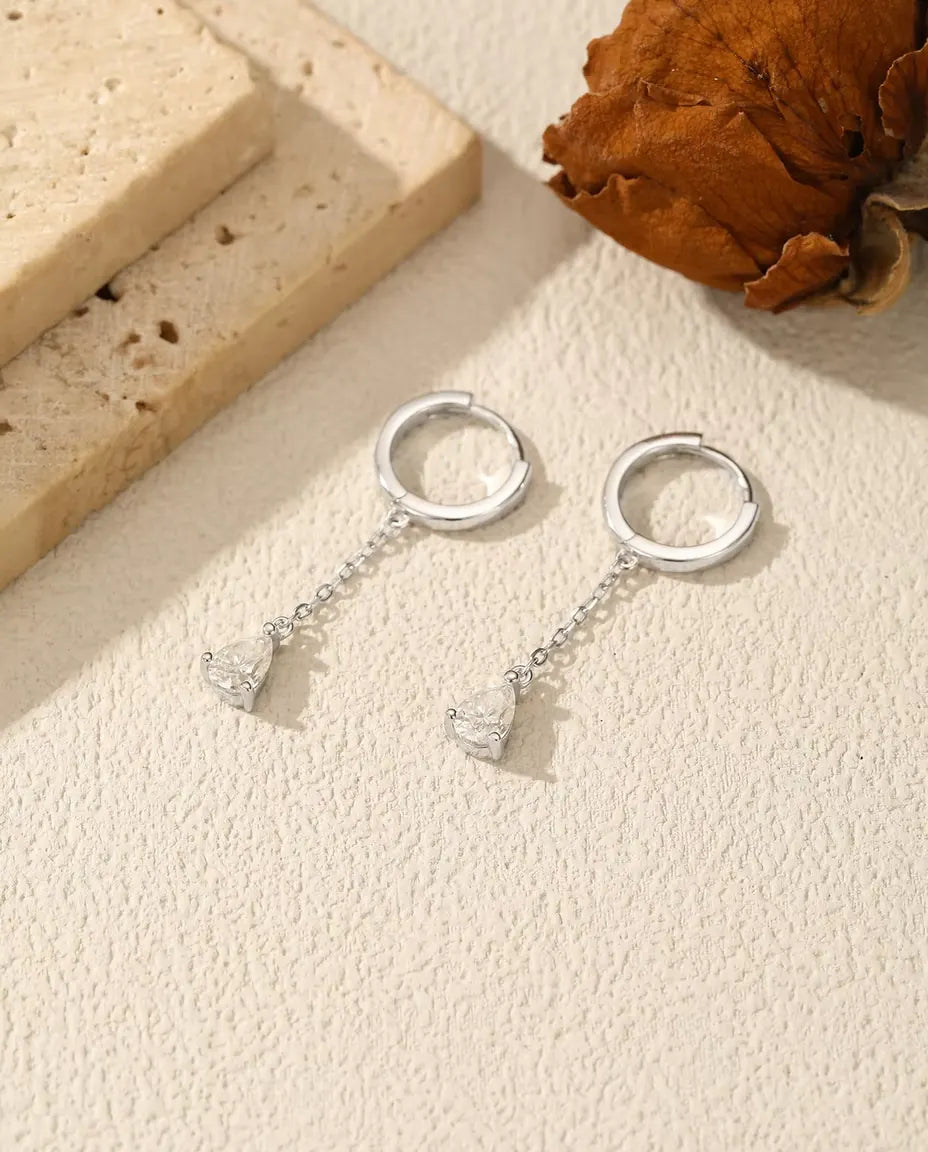 Pear Moissanite Huggie Drop Earrings - 0.5 ct D Colour Stones on a Chain in 925 Sterling Silver, 32 mm