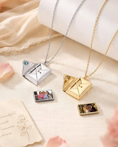Personalised Envelope Photo Locket Necklace with Heart Birthstone, Engraved Love Letter Locket in Silver & Gold, Custom Photo Gift for Her