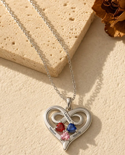 Personalised Heart Birthstone Necklace with 3 Names Engraved, Infinity Heart Pendant 3 Heart Birthstones, Family Necklace Gift for Mum Grandma