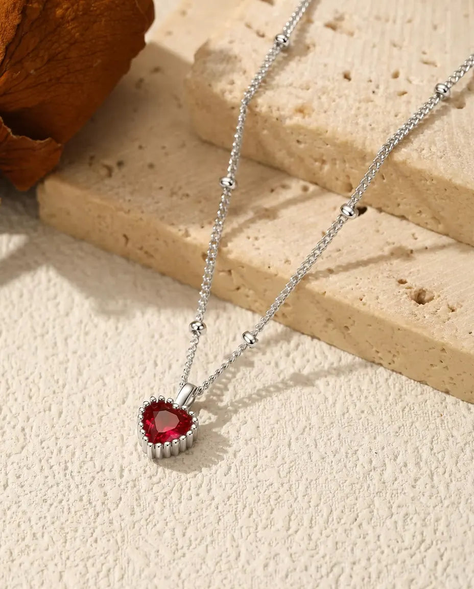 Red Cubic Zirconia Heart Necklace - 5 mm Beaded-Bezel Pendant in 925 Sterling Silver, 15.7 to 17.7 in Satellite Chain