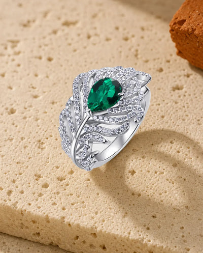 Lab Emerald Ring β Feather Wing Statement Ring with Oval Green Stone, 925 Sterling Silver Birthstone Gift for Her