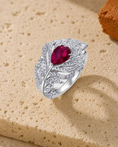 Lab Ruby Ring β Feather Wing Statement Ring with Oval Red Stone, 925 Sterling Silver Birthstone Gift for Her