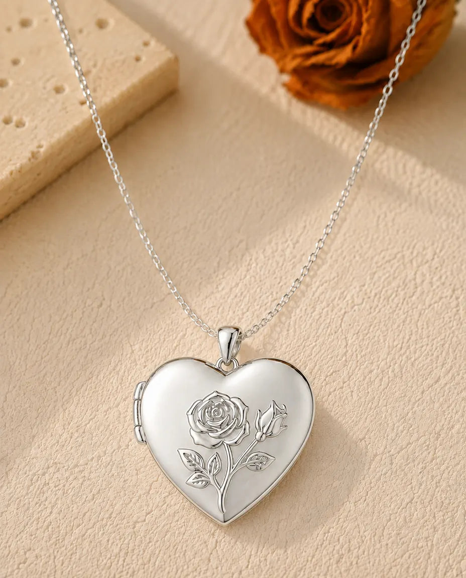 Personalised Photo Locket Necklace That Holds 2 Pictures - Rose Relief Heart Locket With Mother of Pearl Back, Silver or Gold