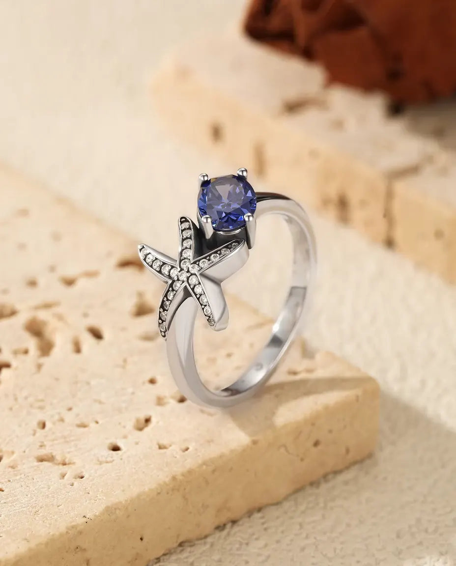 Starfish Ring for Women - 5 x 7 mm Oval Violet Zirconia with Pave Star Arms, Sizes 5 to 9, 925 Sterling Silver