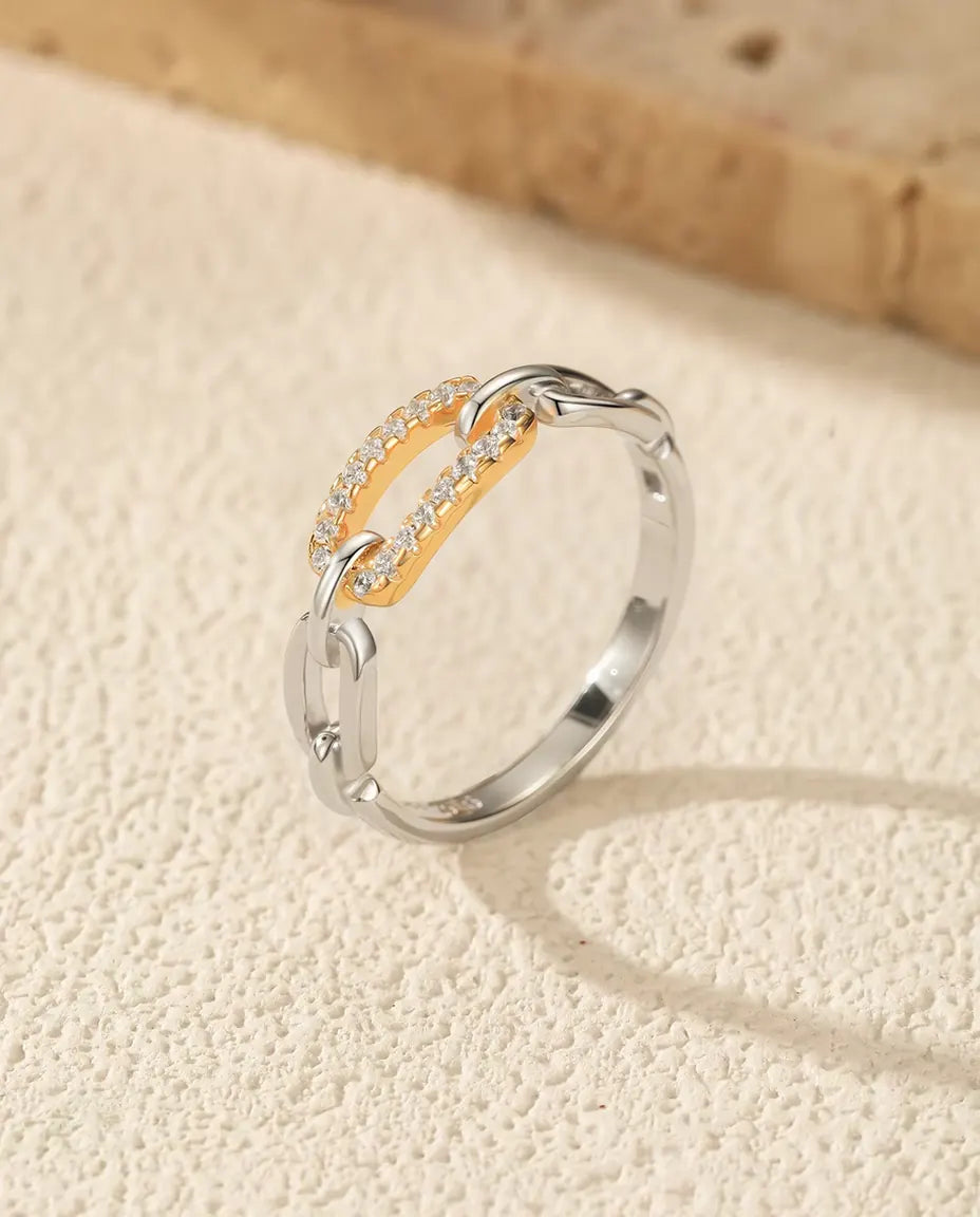 Two Tone Chain Link Ring - Gold Tone Pave Bar Between Silver Links, Sizes 5 to 9, 925 Sterling Silver