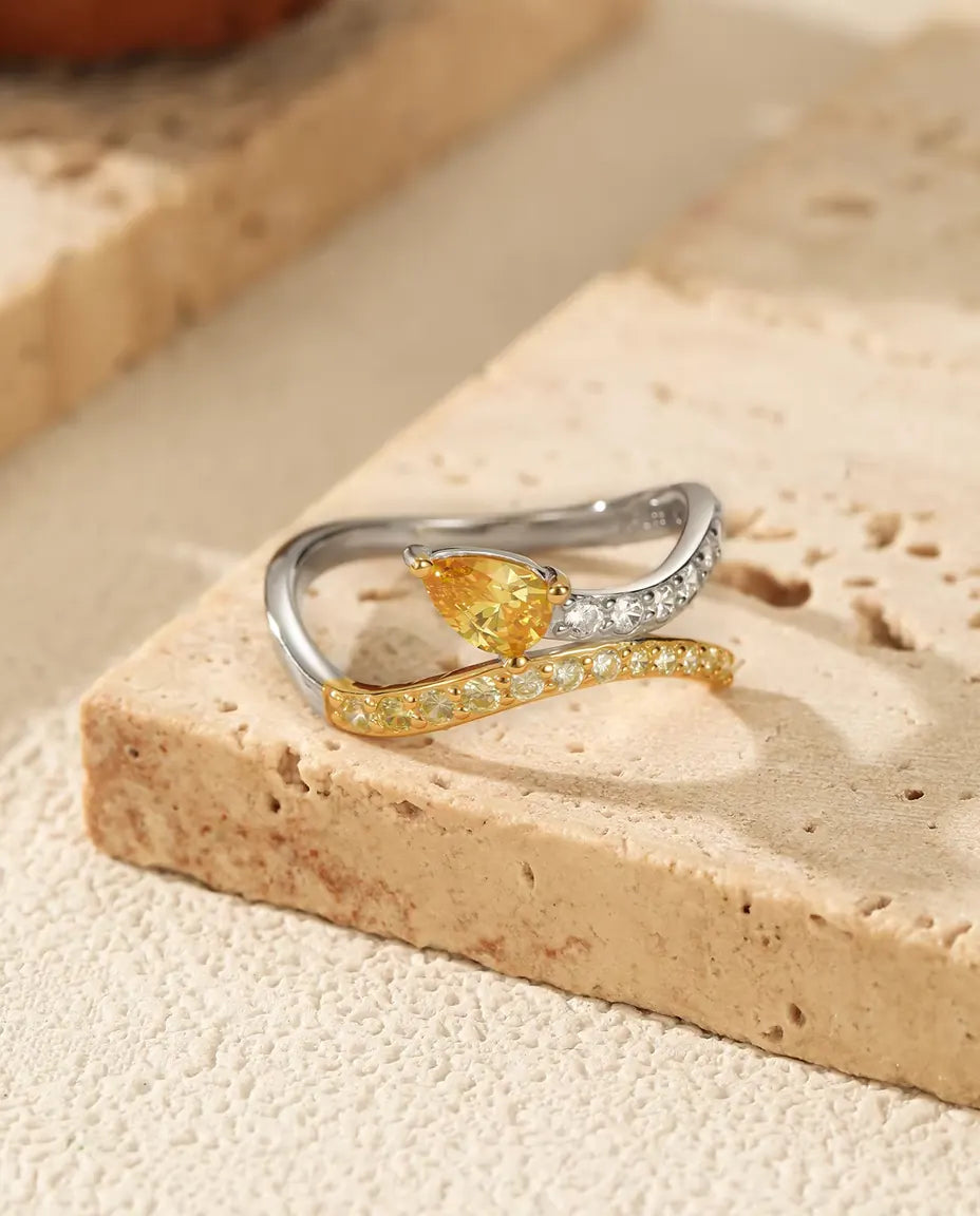 Yellow Pear Cut Bypass Ring - Two Tone Wave Band with Clear and Yellow Pave, Sizes 5 to 9, 925 Sterling Silver