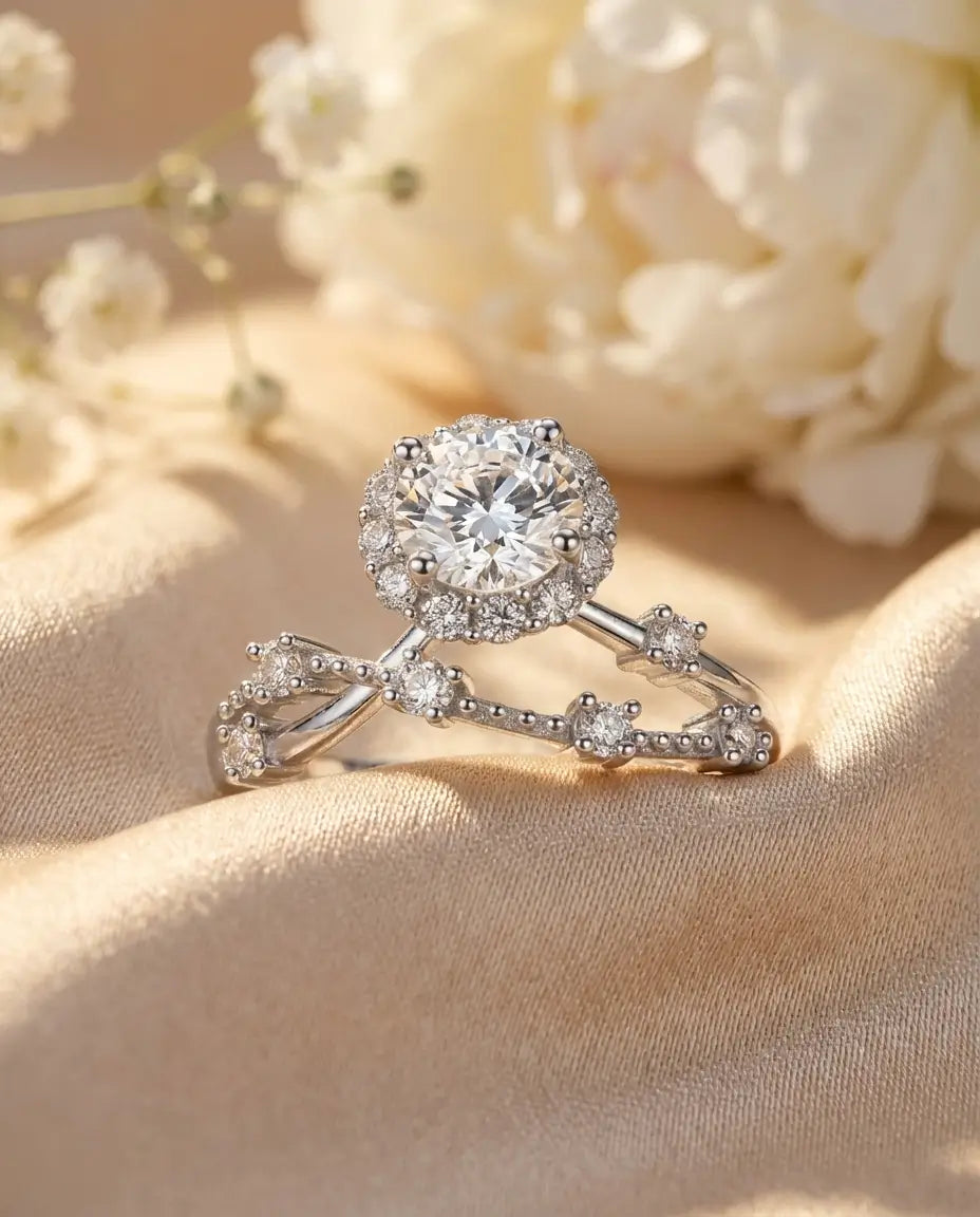 0.8ct Round Halo Moissanite Ring - Vintage Twisted Band in Sterling Silver - IfShe AU