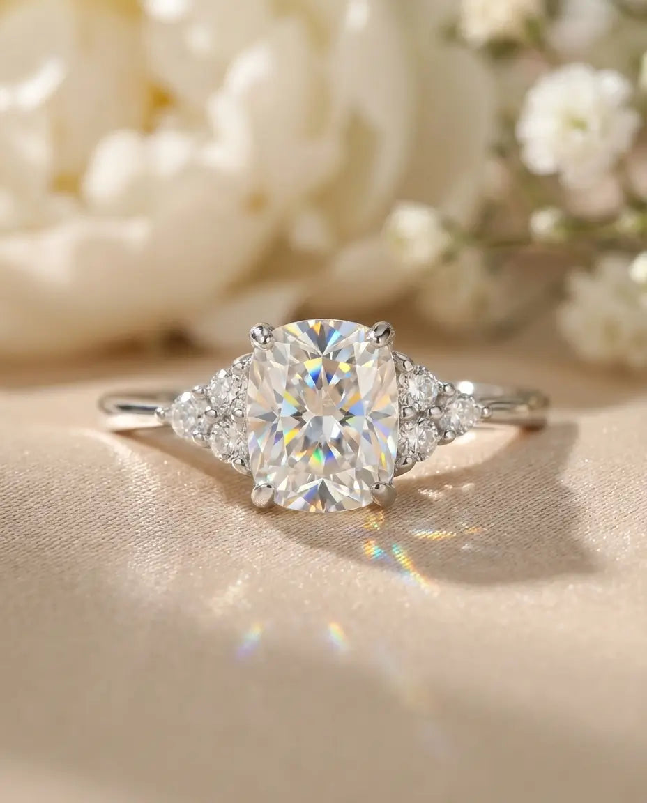 1ct Elongated Cushion Moissanite Engagement Ring - D Colour VVS1 Silver Cluster Ring - IfShe AU