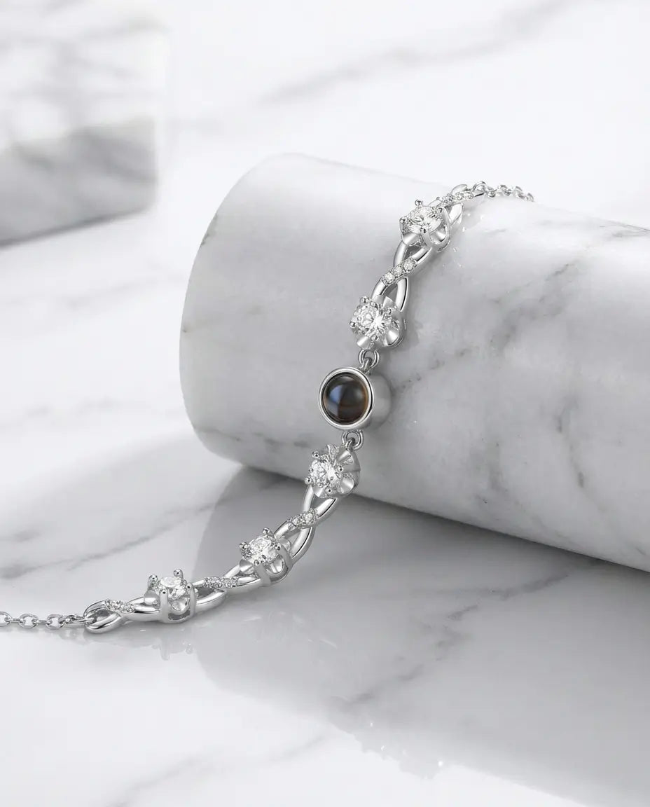 Custom Photo Projection Bracelet - Floral Silver Charm with Hidden Picture IfShe AU