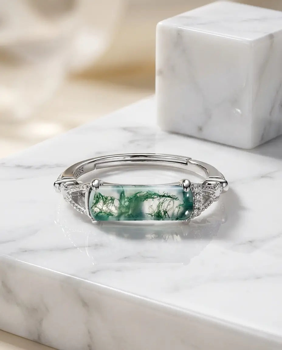 East-West Rectangular Moss Agate Ring - Vintage Adjustable Silver Bar Ring IfShe AU