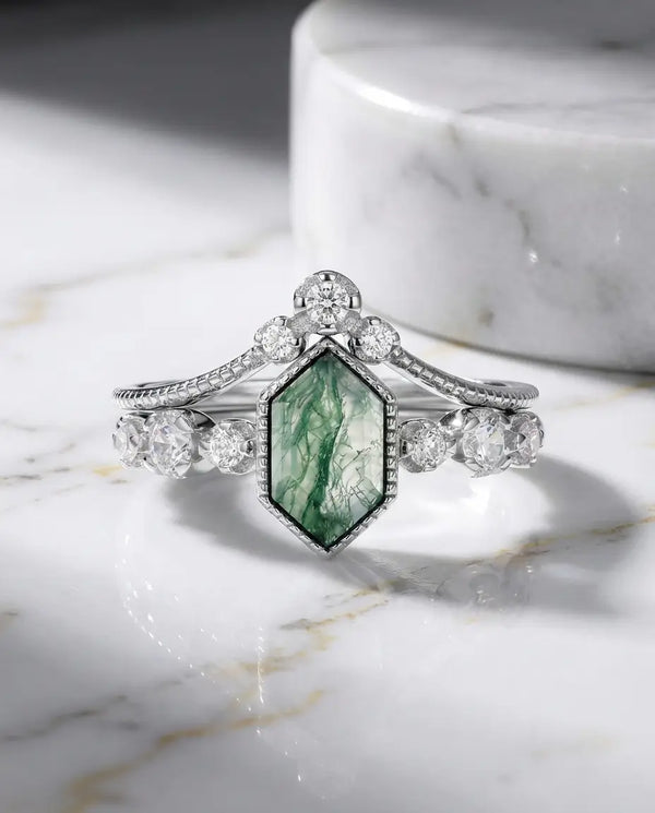 Elongated Hexagon Moss Agate Bridal Set - Vintage Milgrain Art Deco Ring IfShe AU