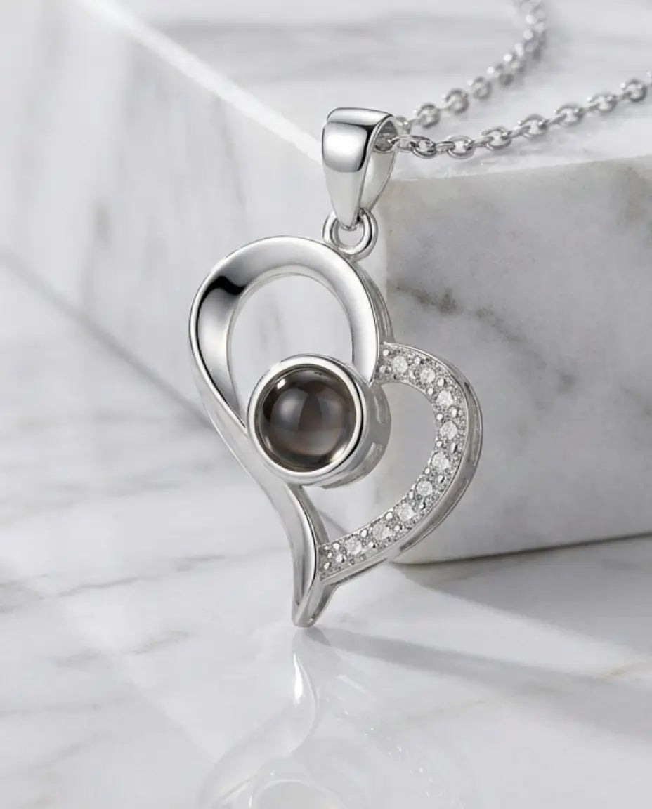 Heart Photo Projection Necklace - Personalised Silver Picture Pendant IfShe AU