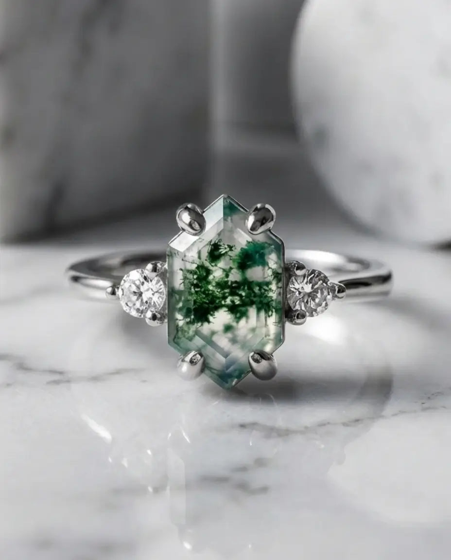 Hexagon Moss Agate Adjustable Ring - Trilogy Design in Silver or Gold IfShe AU