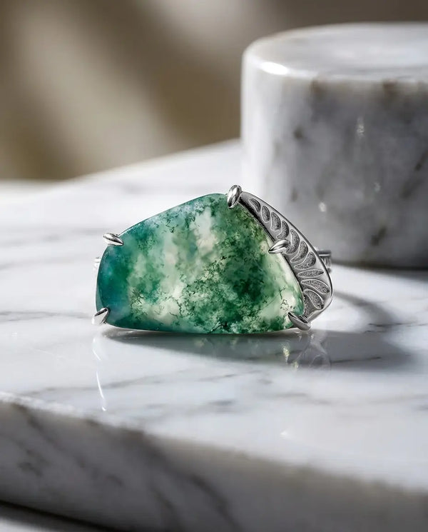 IfShe Natural Moss Agate Ring – 925 Sterling Silver White Gold–Plated-IfShe-AU