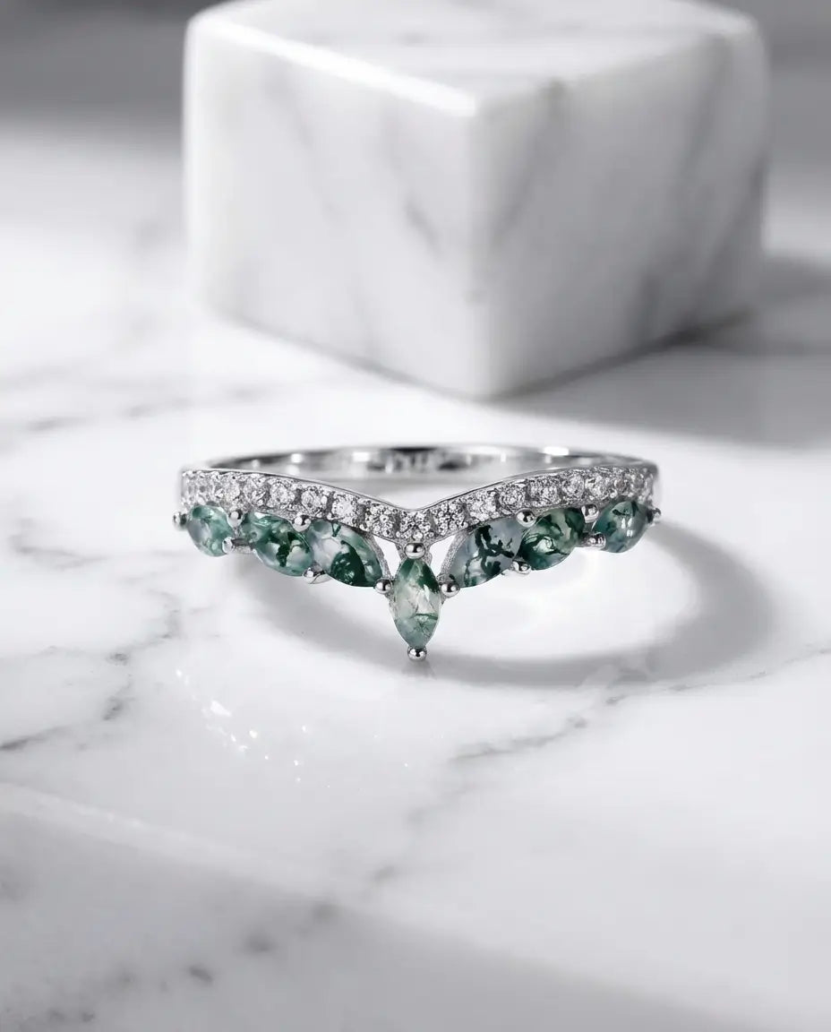 Marquise Moss Agate Curved Wedding Band - Sterling Silver Leaf Stacking Ring IfShe AU