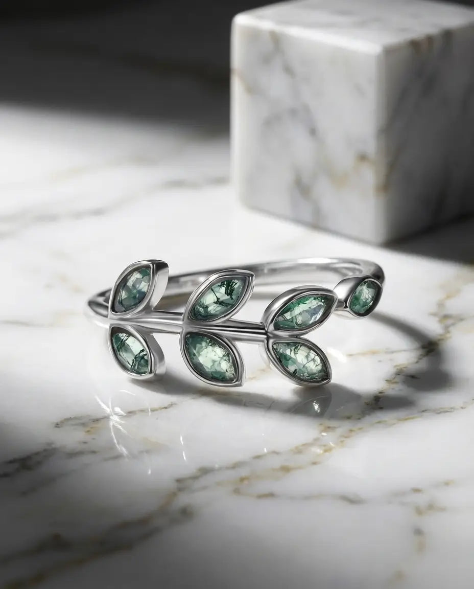 Olive Branch Moss Agate Ring - Adjustable Silver Leaf Design IfShe AU