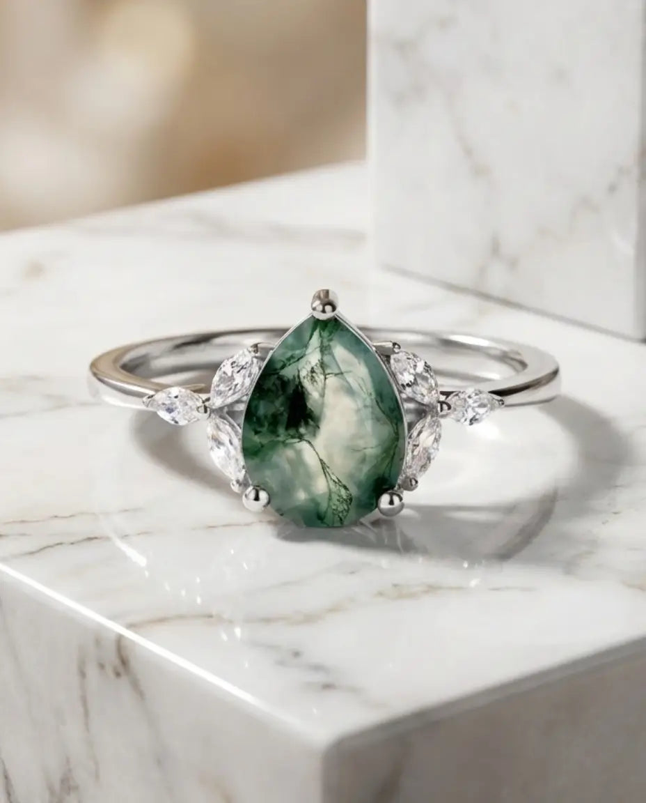 Pear-Shaped Moss Agate Engagement Ring - Sterling Silver Teardrop Ring with Marquise Accents IfShe AU