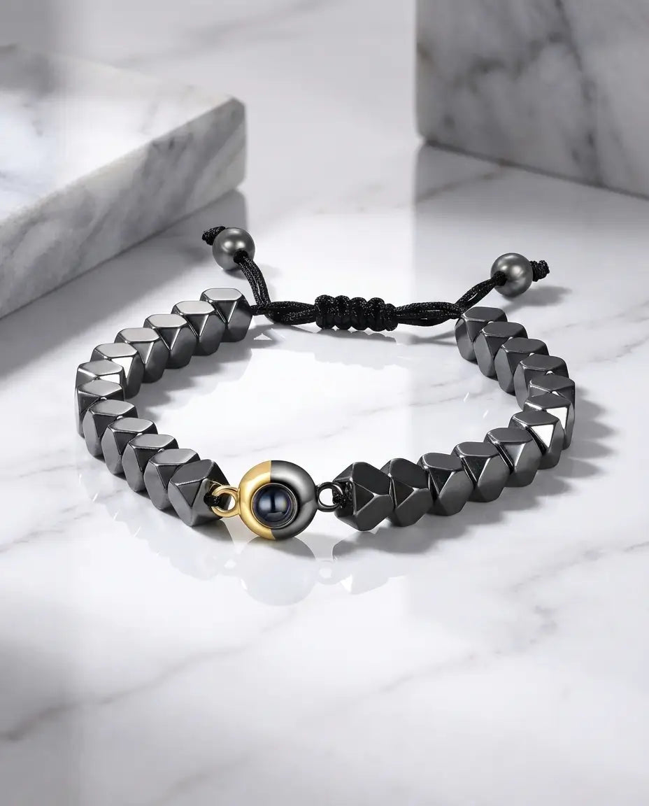 Personalised Hematite Photo Projection Bracelet - Unisex Picture Bead IfShe AU