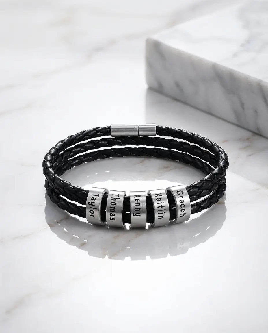 Personalised Men's Leather Bracelet with Engraved Name Beads IfShe AU