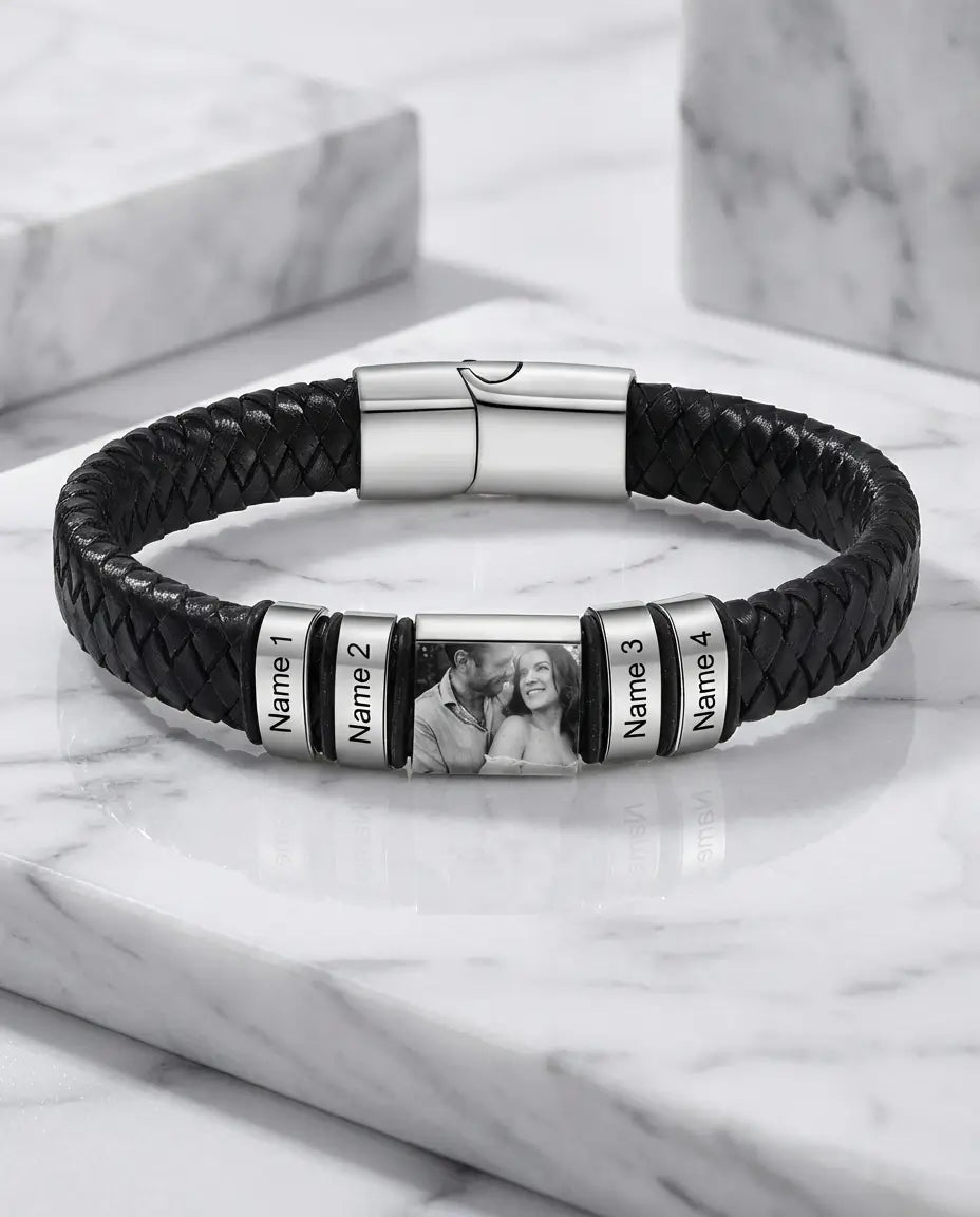 Personalised Men's Leather Bracelet with Photo Charm & Name Beads IfShe AU
