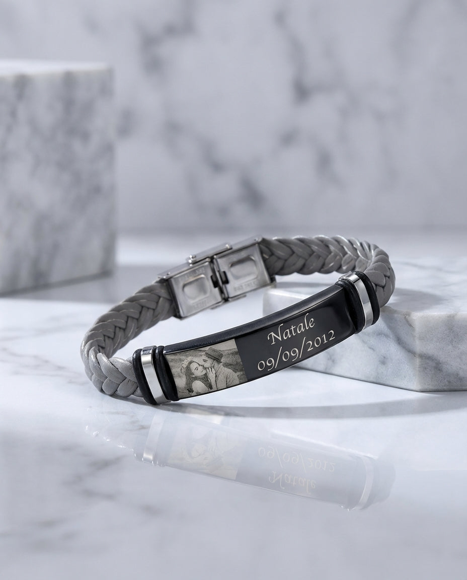 Personalised Men's Photo Bracelet - Engraved Braided Leather ID Band IfShe AU