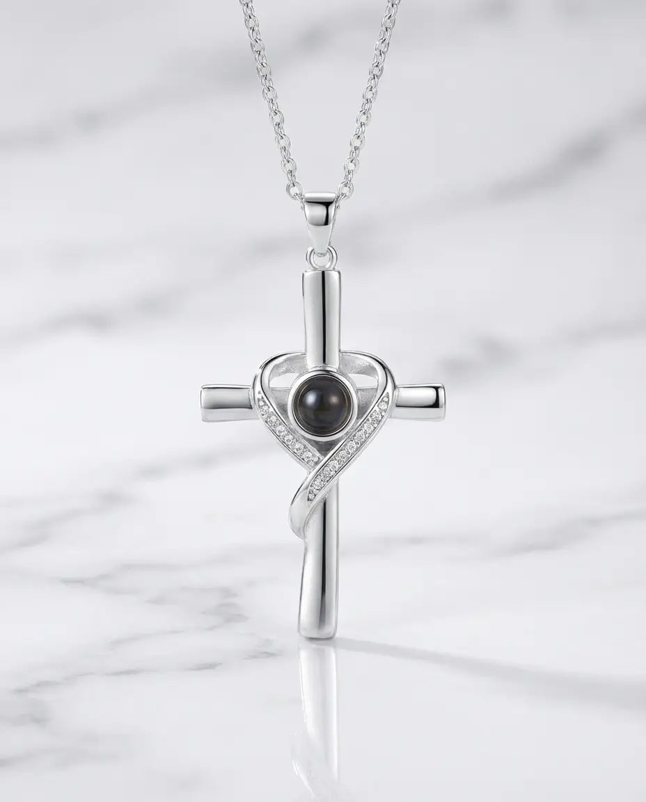 Personalised Photo Projection Necklace - Heart Wrapped Cross Pendant IfShe AU