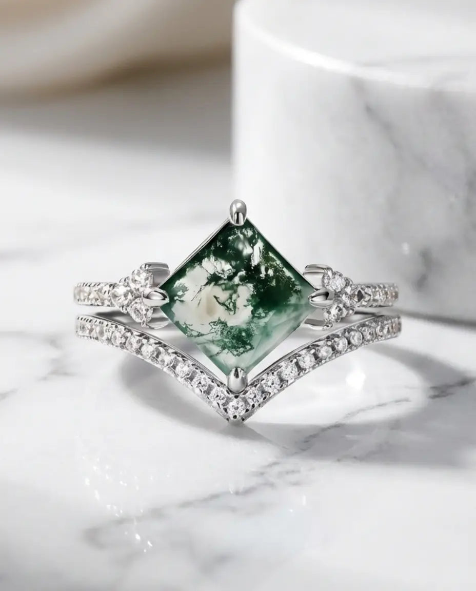Princess-Cut Moss Agate Bridal Set - Kite Setting with Chevron Wedding Band IfShe AU