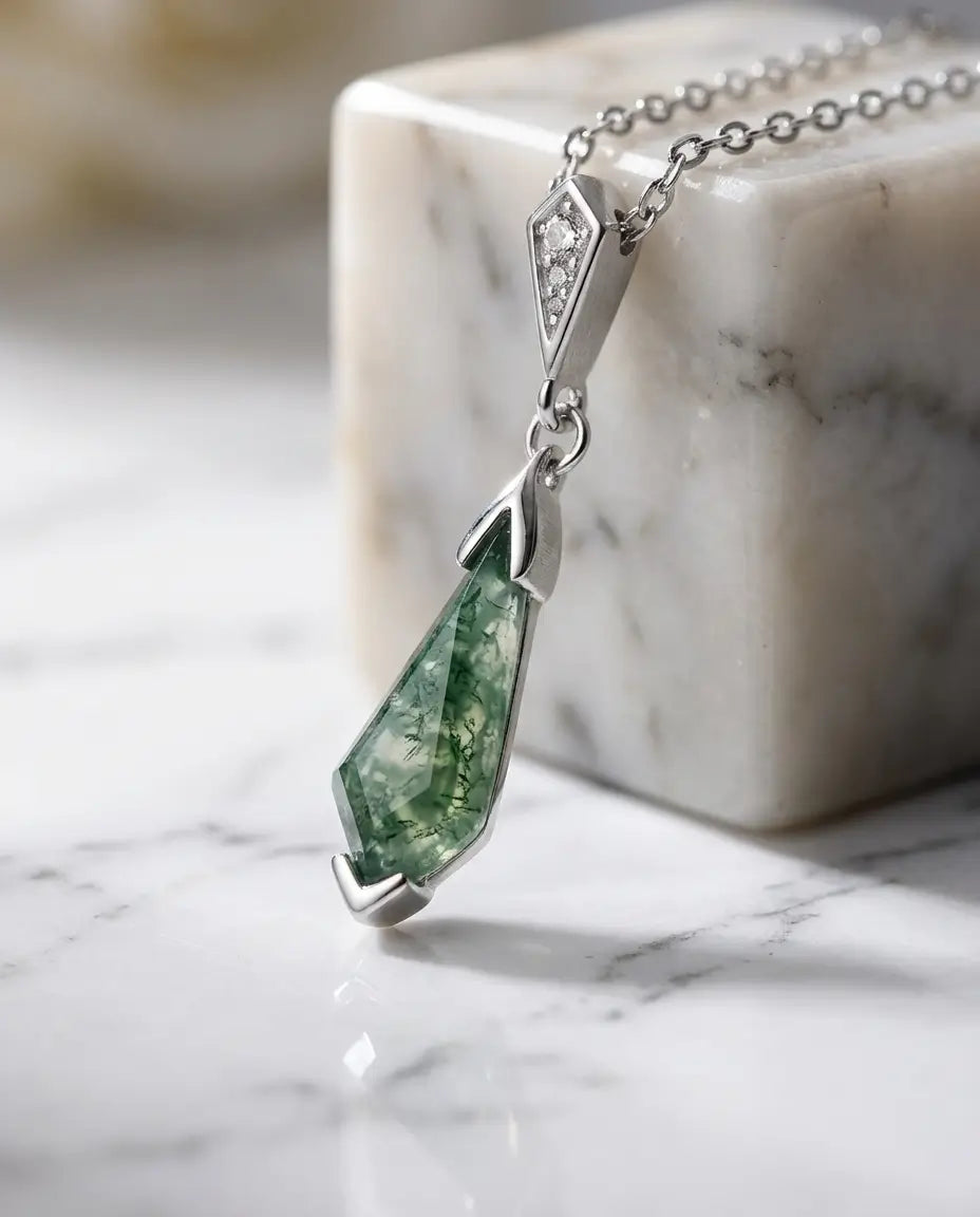 Vintage Kite-Shaped Moss Agate Necklace - Sterling Silver Art Deco Pendant IfShe AU