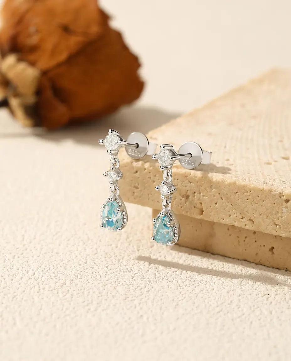 Aqua Blue Moissanite Drop Earrings - 0.50 ct 4 x 6 mm Pear Stones with Cubic Zirconia Accents, 925 Sterling Silver
